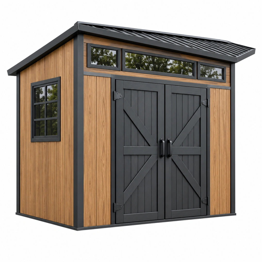 Gartenhaus 200 x 150 x 210 cm in Holzoptik Braun Schwarz mit Doppeltür und Pultdach