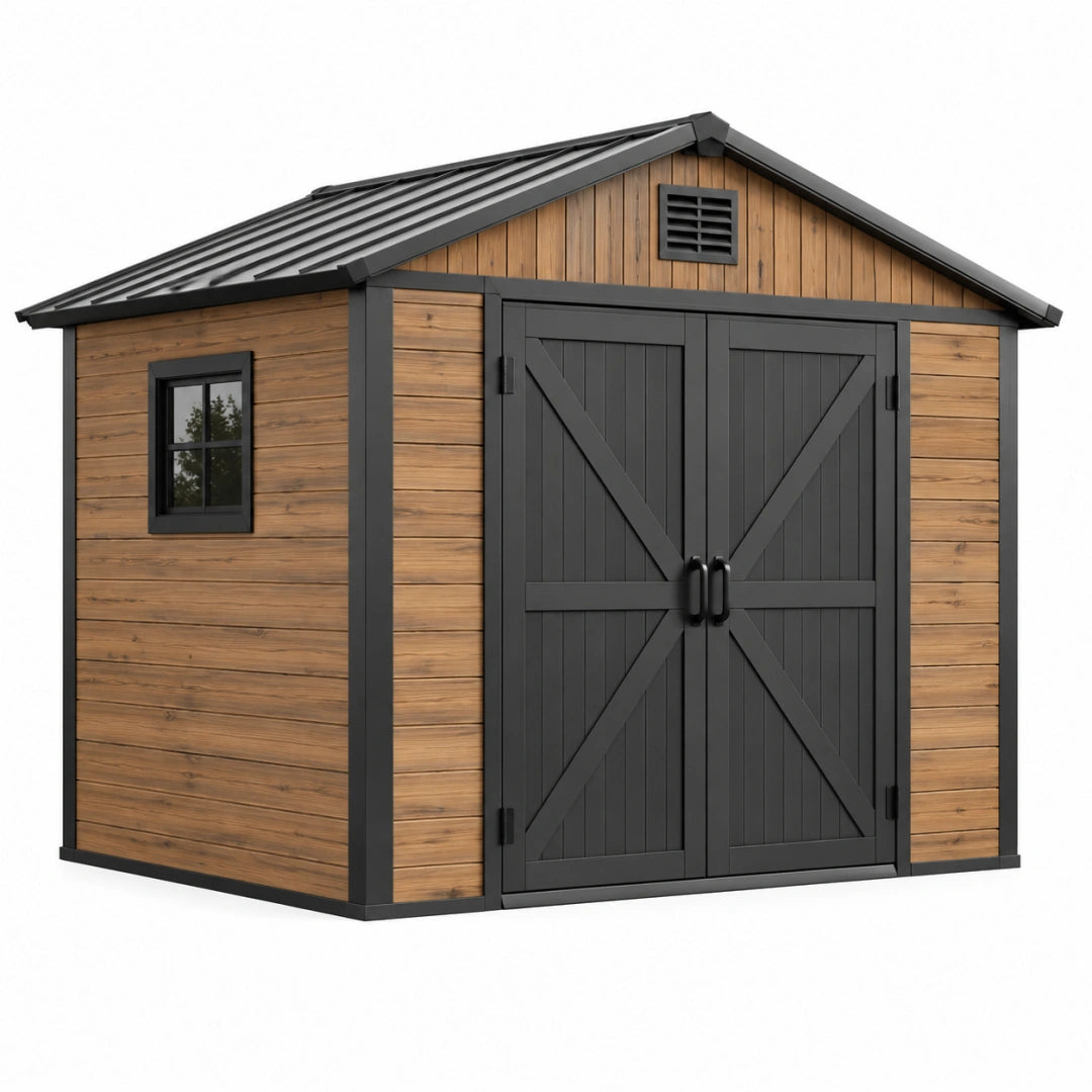 Gartenhaus 240 x 180 x 210 cm Holzoptik Braun Anthrazit mit Doppeltür Satteldach