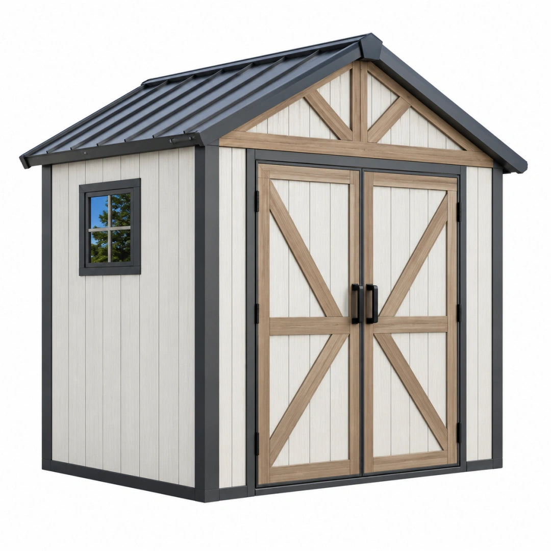Gartengerätehaus 180 x 120 x 200 cm Kunststoff und Metall Weiß Braun Anthrazit mit Doppeltür und Fenster
