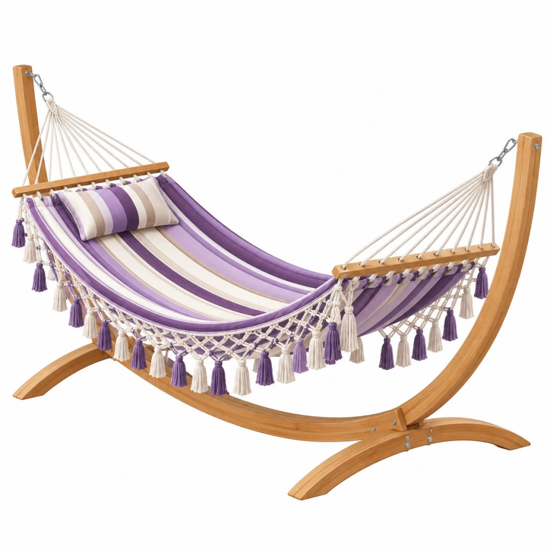 Hängematte mit Gestell 320 x 120 x 110 cm Baumwolle Holz Lila Creme Boho