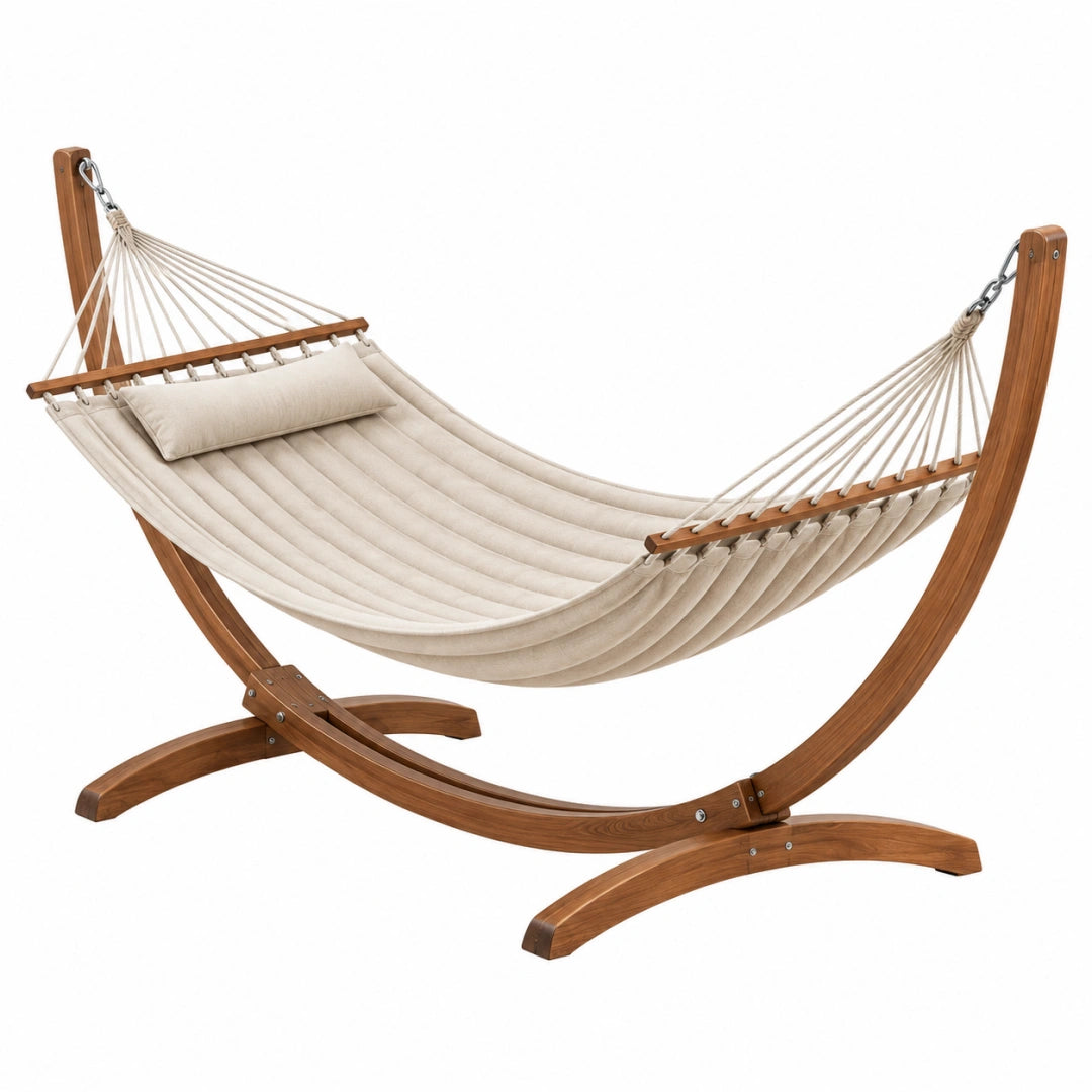 Hängematte 320 x 120 x 115 cm aus Holz und Textil in Naturbeige mit Gestell für Garten und Terrasse