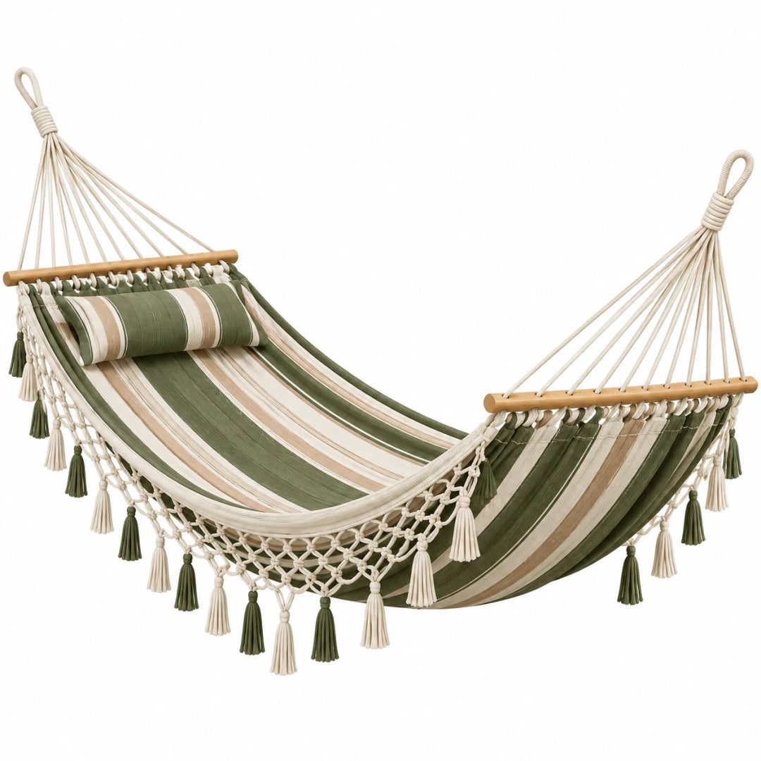 Hängematte 200 x 100 cm aus Baumwolle in Grün Beige mit Holzspreizstäben im Boho-Stil