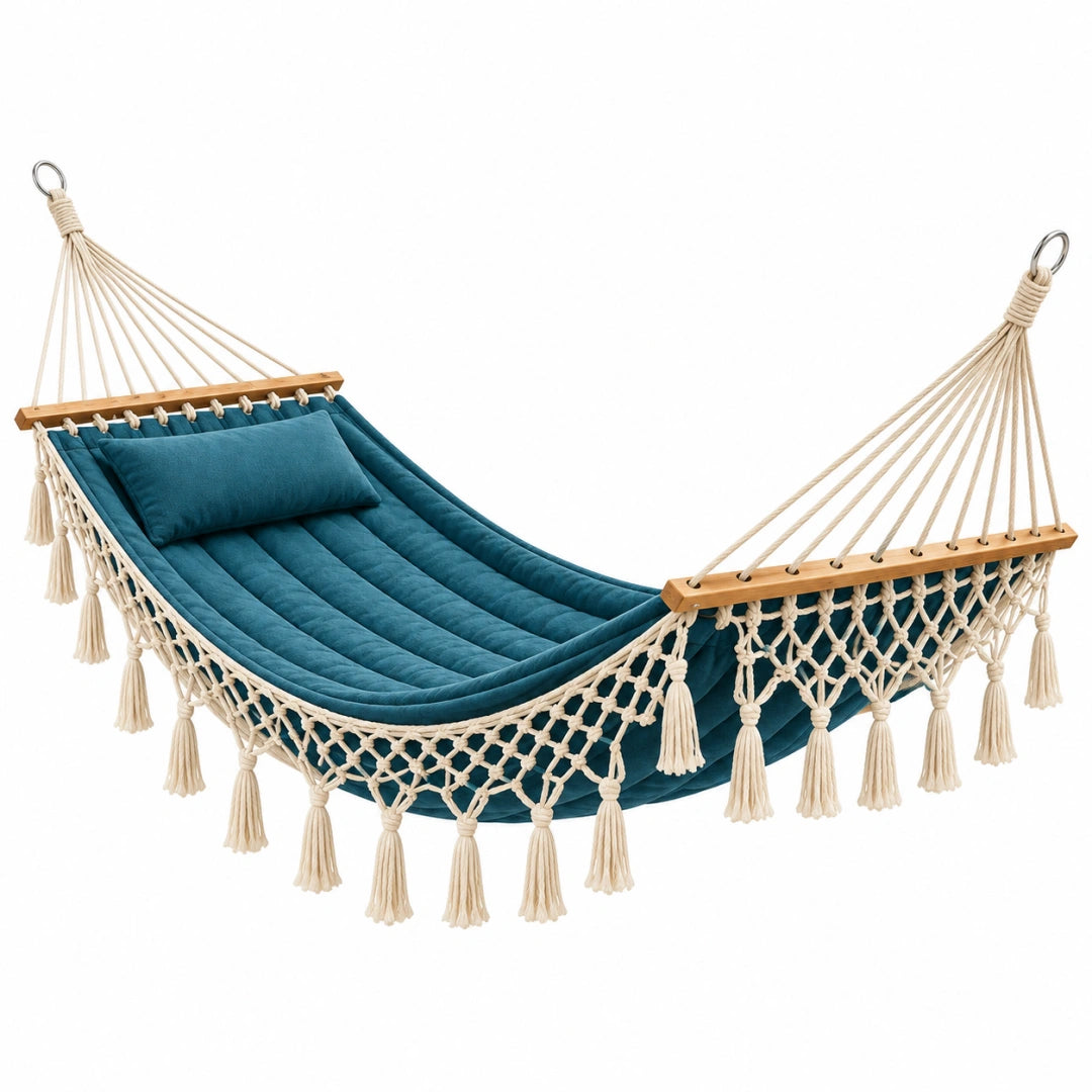 Hängematte 200 x 100 cm aus Baumwolle in Blau mit Holzstäben im Boho-Stil