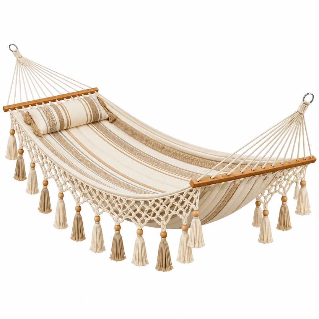 Hängematte 300 x 100 cm aus Baumwolle in Creme Beige mit Holzstäben Boho-Stil