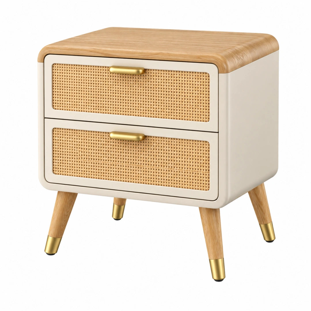 Nachttisch 45 x 40 x 55 cm aus Holz in Beige mit Rattangeflecht und 2 Schubladen