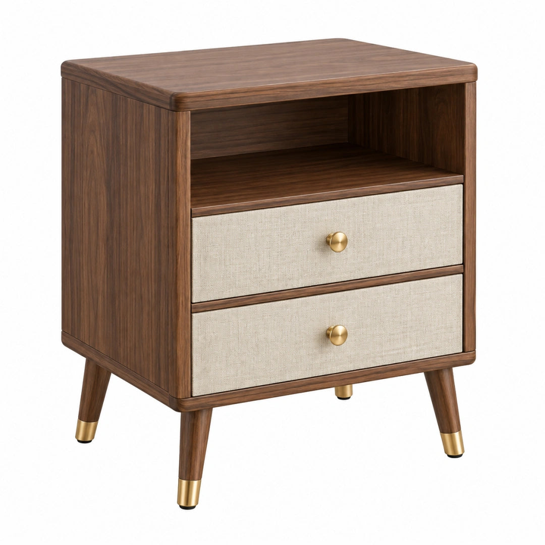 Nachttisch 45 x 40 x 60 cm in Walnussbraun und Beige mit 2 Schubladen - Holzoptik im Retro-Stil