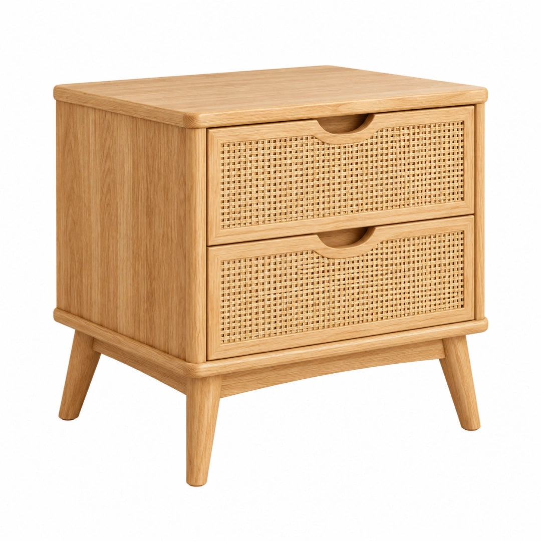 Nachttisch 50 x 40 x 55 cm aus Holz in Natur mit Rattangeflecht - 2 Schubladen im Retro-Stil