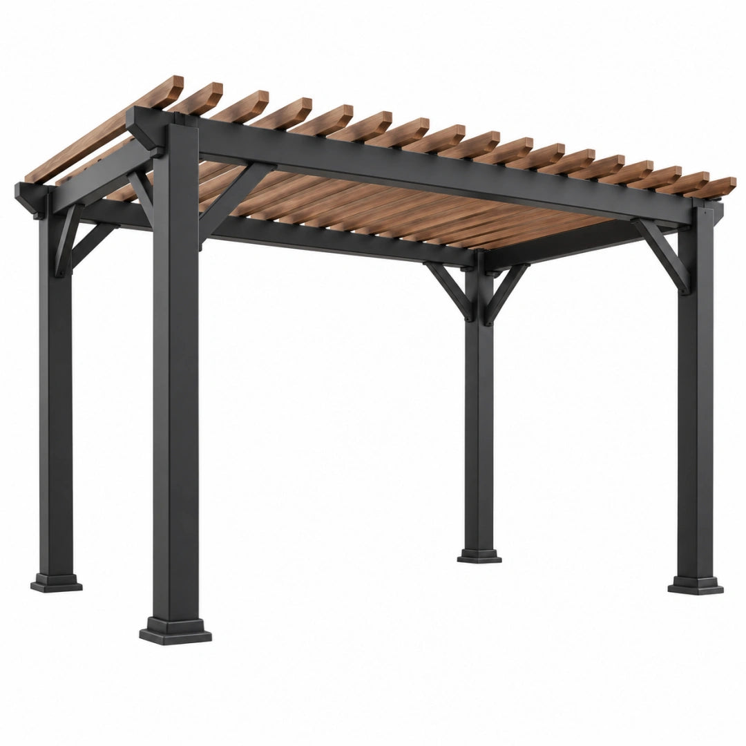 Pergola 300 x 300 x 230 cm aus Metall und Holz Schwarz Braun für Terrasse mit offenem Lattendach