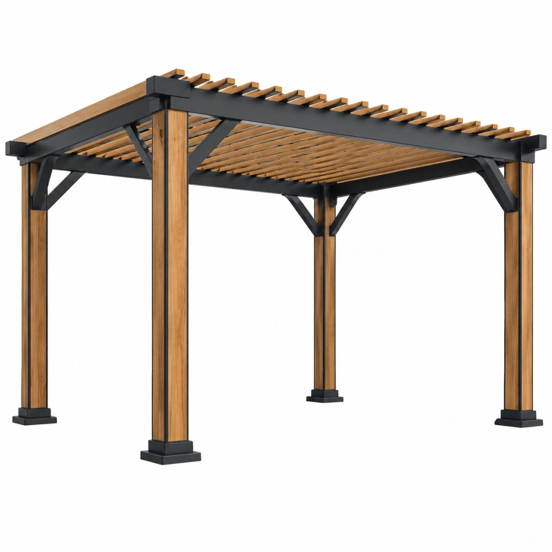 Pergola 300 x 300 x 230 cm aus Stahl und Holz Braun Schwarz mit Lamellendach