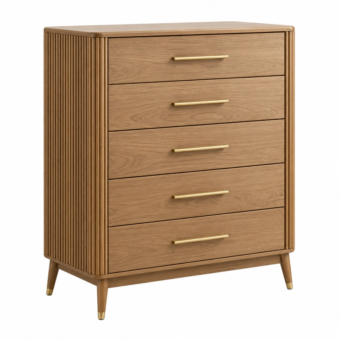 Kommode 90 x 45 x 120 cm aus Holz in Braun mit 5 Schubladen im Mid Century Stil