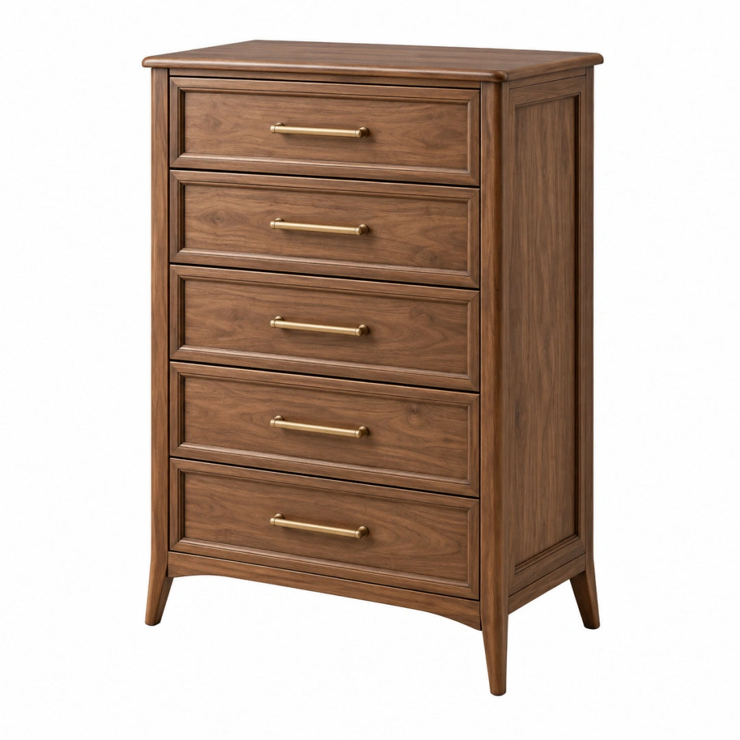 Kommode 90 x 45 x 125 cm aus Holz in Walnussbraun mit 5 Schubladen klassischer Stil