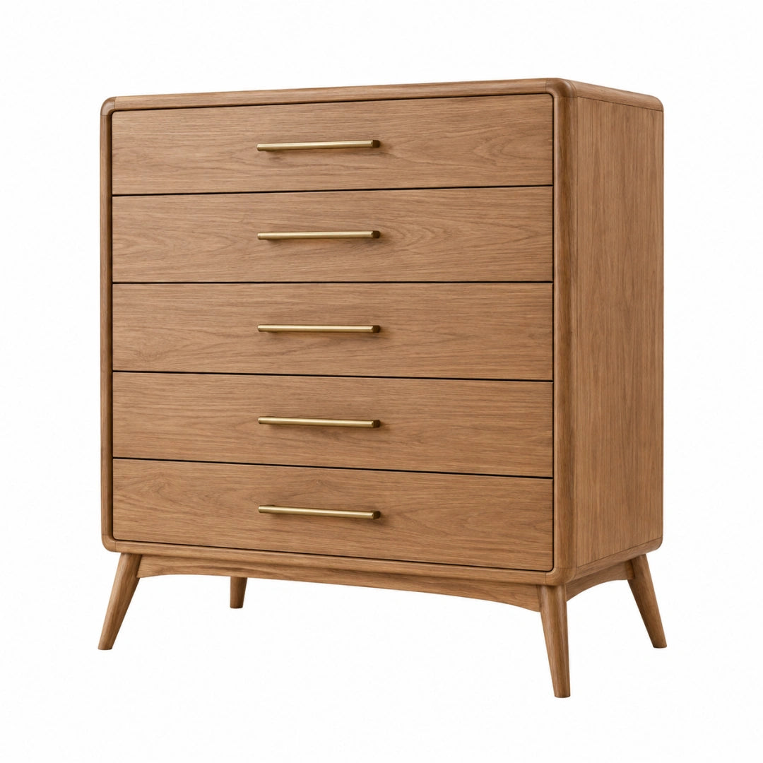 Kommode 90 x 45 x 120 cm Holz Naturbraun mit 5 Schubladen Retro Stil
