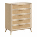 Kommode 80 x 40 x 110 cm Holzwerkstoff Beige mit Geflechtfronten und fünf Schubladen