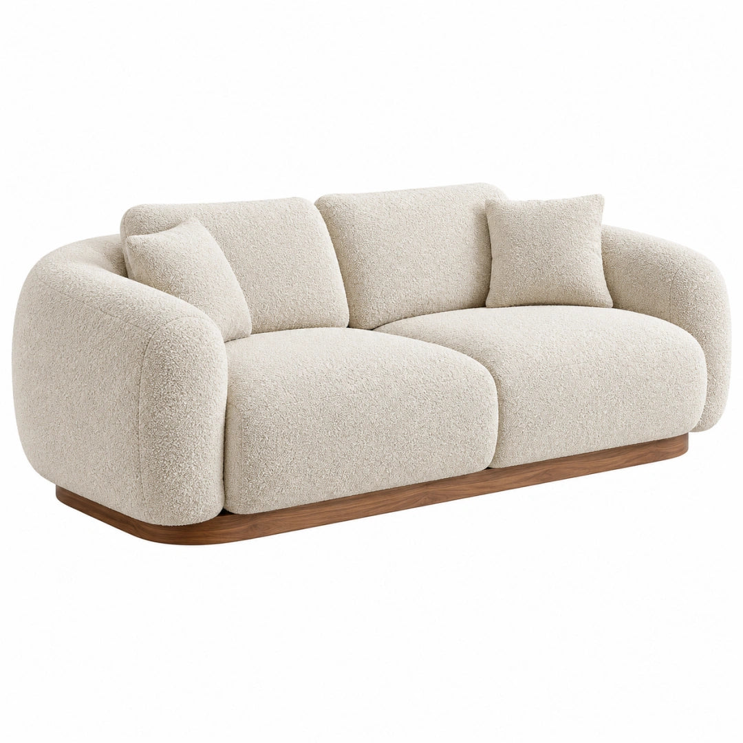 2-Sitzer Sofa 220 x 100 x 78 cm aus Bouclé-Stoff Beige mit Holzsockel im organischen Stil