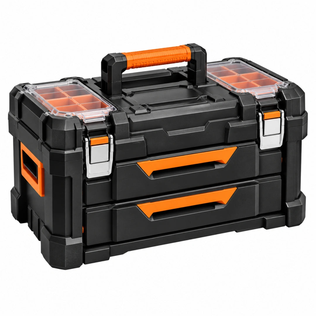 Werkzeugkasten 50 x 30 x 30 cm Kunststoff Schwarz Orange mit Schubladen und Sortierfächern